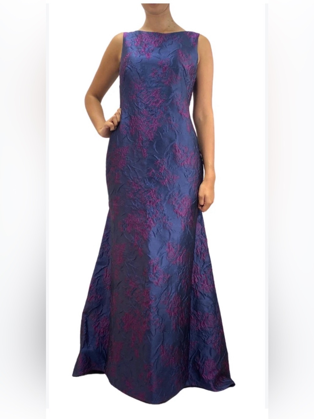 Carolina Herrera Navy and Magenta Floral Jacquard Evening Gown.